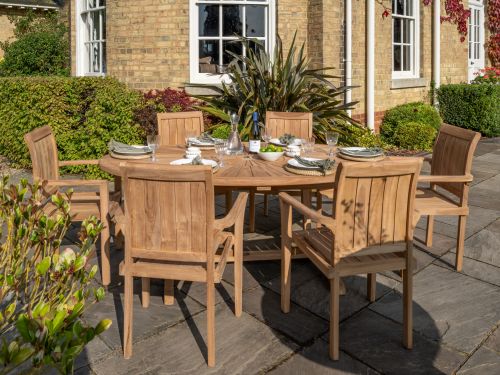 Sunburst 6 Seater Teak Garden Dining Table Furniture Set *CURRENTLY ONLY AVAILABLE WITH STANDARD STACKING CHAIRS*